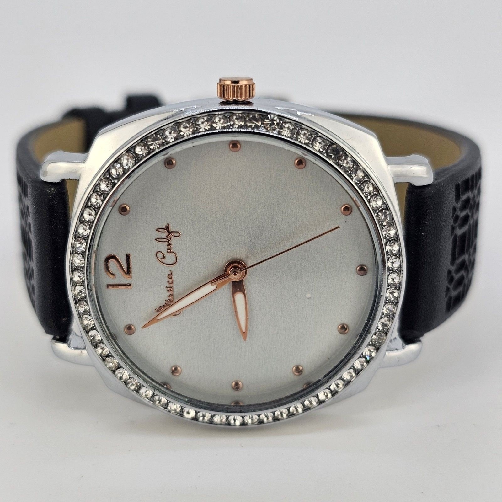Jessica Carlyle 36mm Women Watch White Dial Crystal Bezel Black Bands Newbattery
